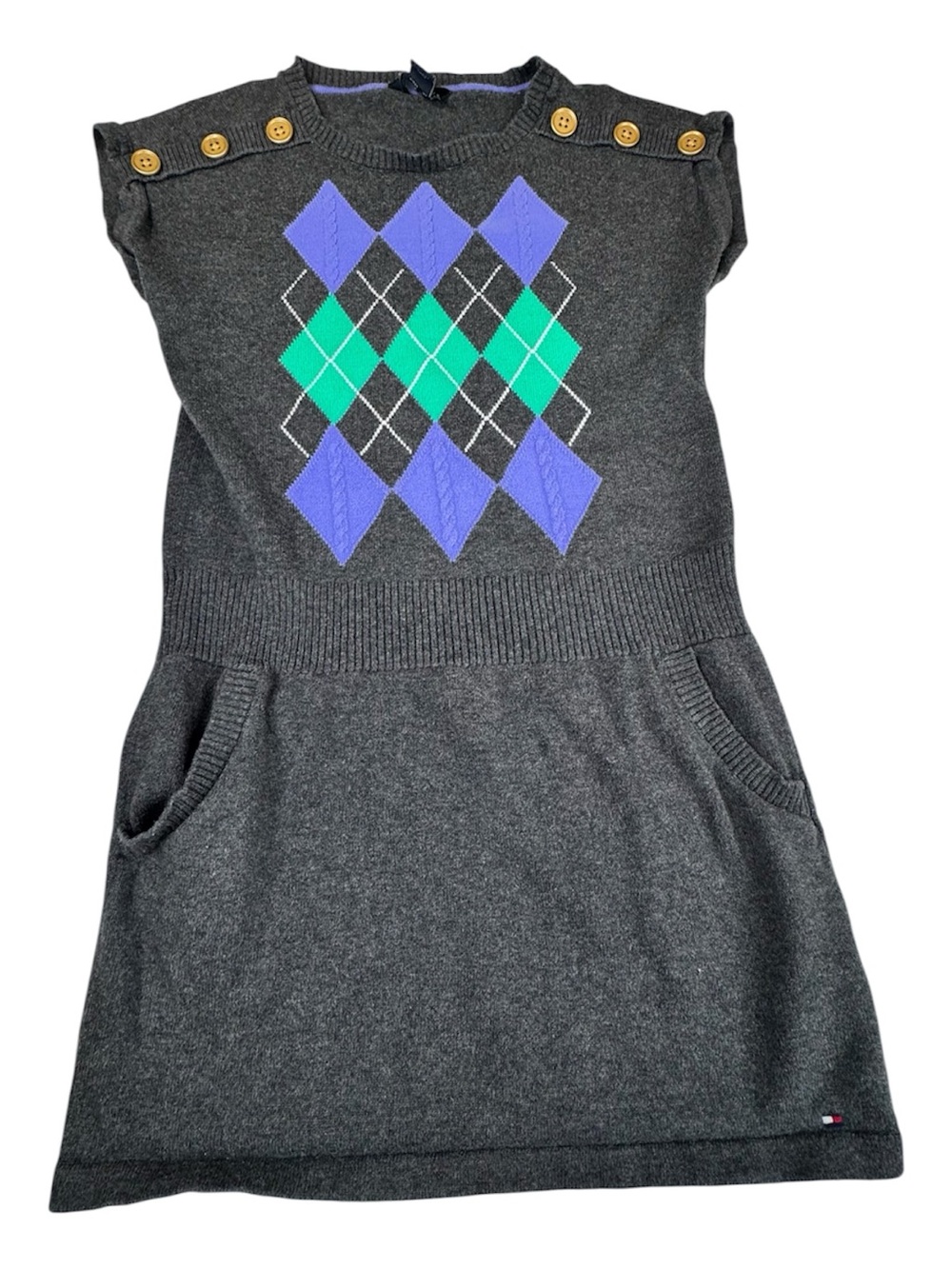 Tommy Hilfiger Sweater Dress Girls Size 6-7 Gray Purple Green Argyle Preppy